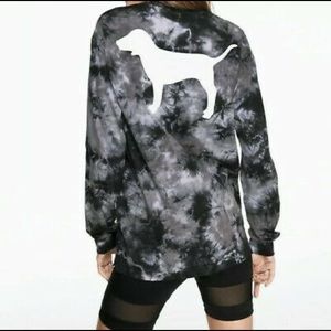 Victoria's Secret PINK Black Gray Tie-Dye Long Sleeve Campus Dog Logo Tee